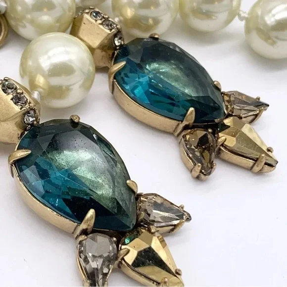 J. Crew Blue/Green Teardrop Gems and Jumbo Pearl Necklace
